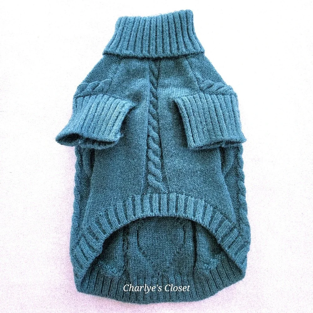 Cable‎ Knit Dog Sweater Turtleneck Teal Blue Toy Dog Puppy Furbaby Fall Fashion